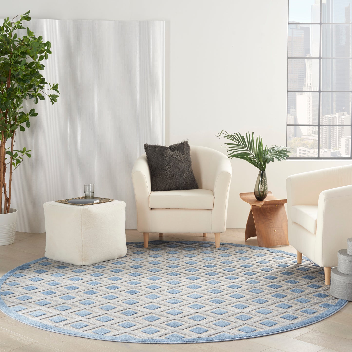 Nourison Aloha 7'10" x Round Blue Grey Modern Rug