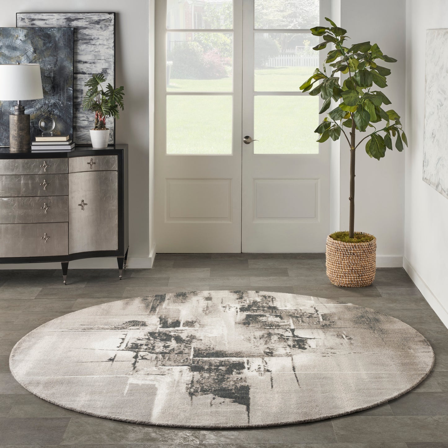 Nourison Twilight 8' x Round Grey/Ivory/Black Modern Indoor Rug