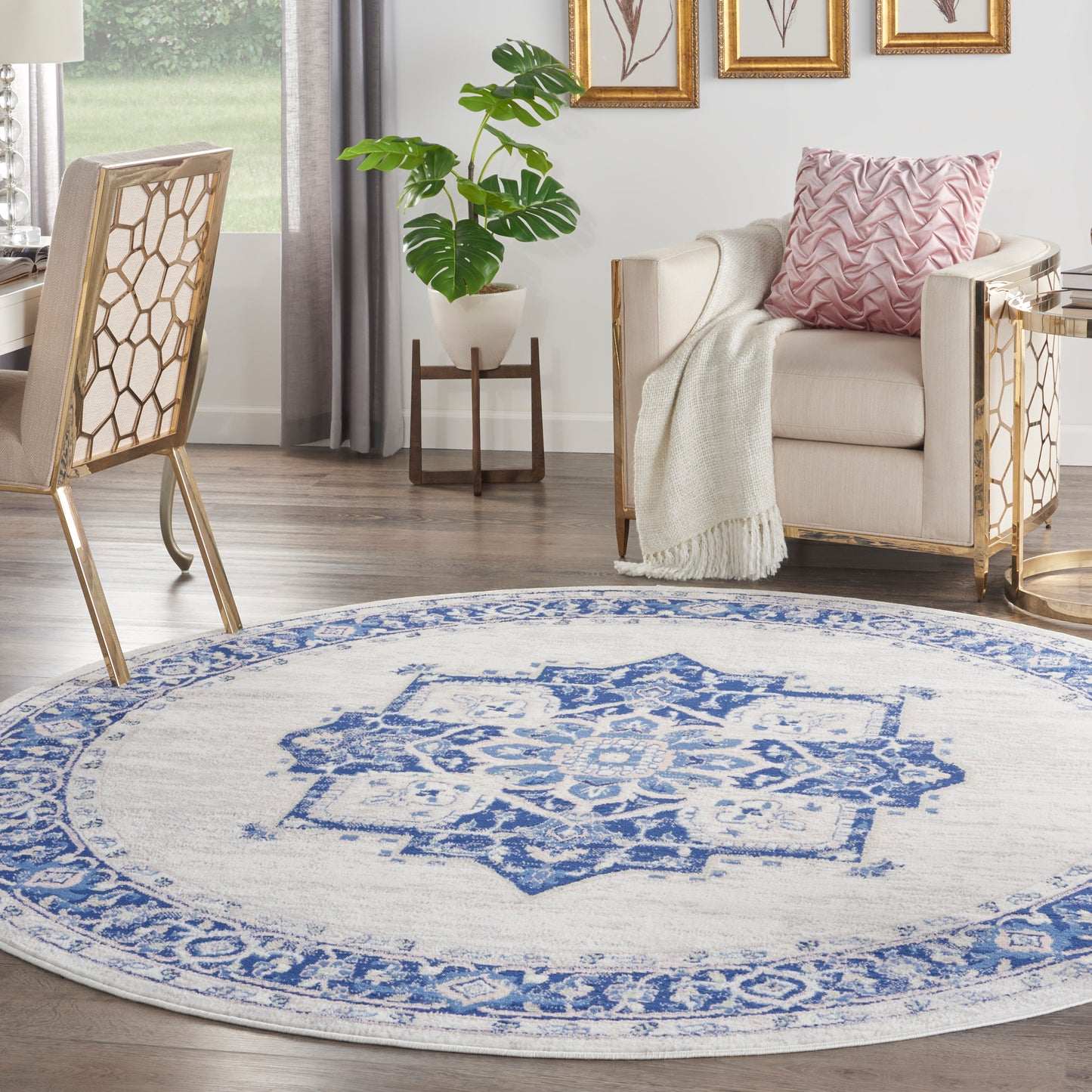 Nourison Whimsicle 8' x Round Ivory Blue Farmhouse Indoor Rug