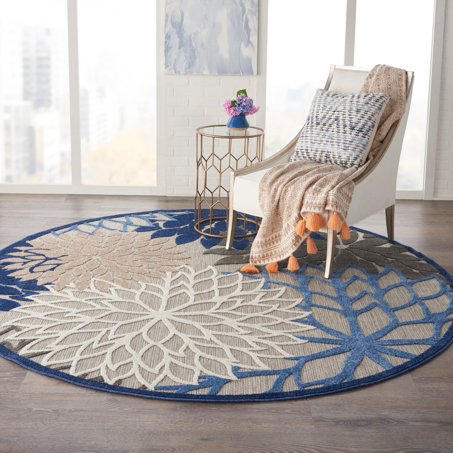 Nourison Aloha 7'10" x Round Blue Multicolor Tropical Rug