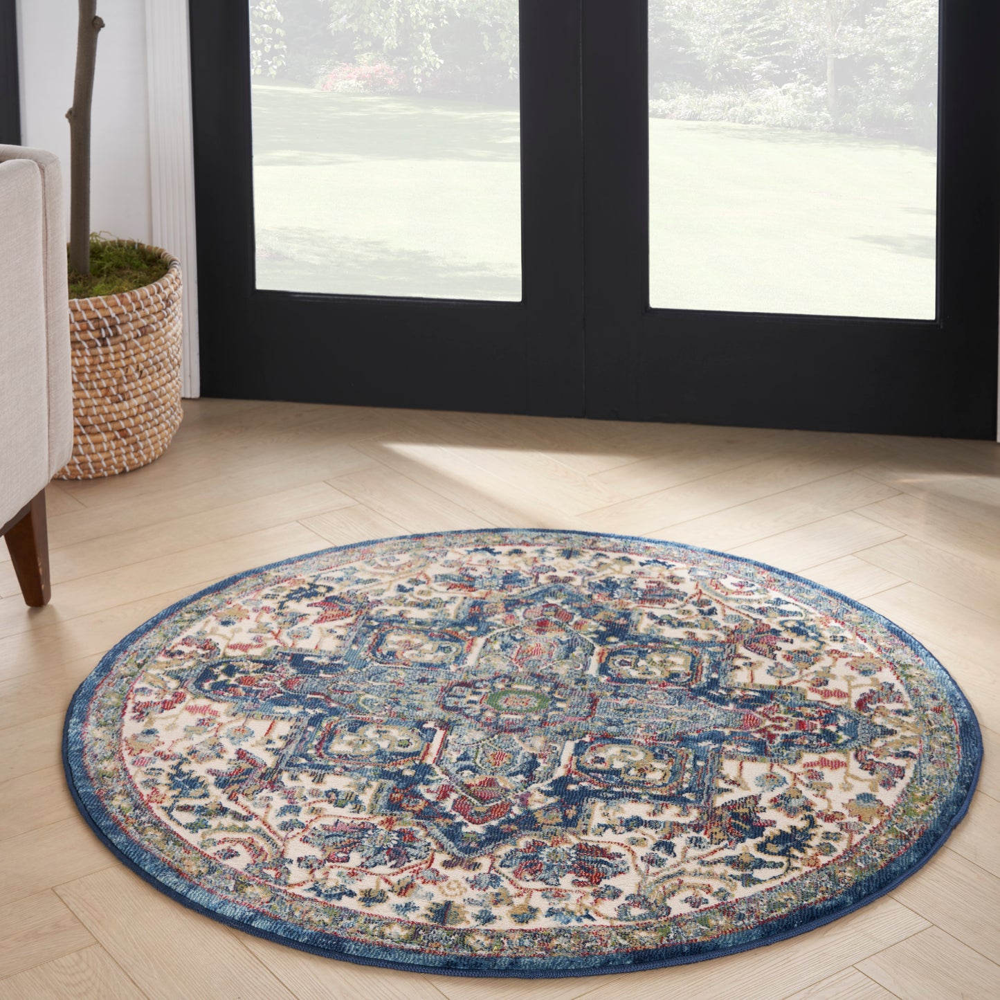 Nourison Ankara Global 4' x Round Ivory Navy Bohemian Indoor Rug