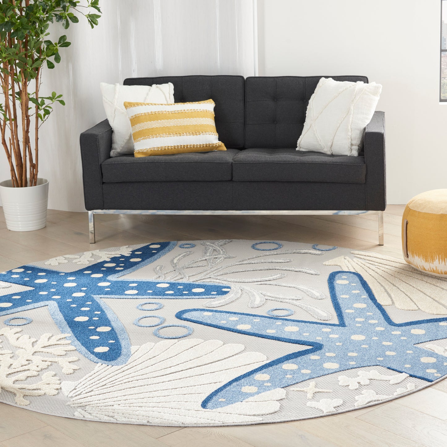 Nourison Aloha 7'10" x Round Blue Grey Coastal, Nautical & Beach Rug